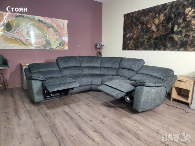 Сив ъглов диван от плат с електрически релаксиращ механизъм, снимка 9 - Дивани и мека мебел - 53833745