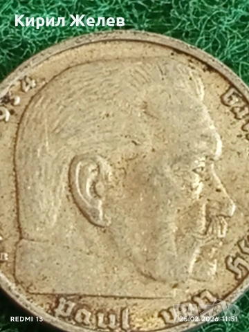 Сребърна монета 2 райхсмарки 1939г. Германия Трети Райх с Свастика за КОЛЕКЦИОНЕРИ 51810, снимка 9 - Нумизматика и бонистика - 53616168