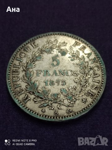 5 франка 1875 год сребро , снимка 1