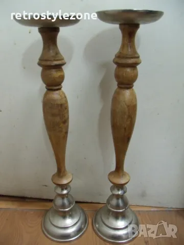 № 7993 два големи стари свещника  - метал , дърво  - размер - височина 46 см , диаметър основа 12 см, снимка 3 - Други ценни предмети - 49851132