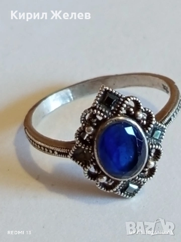 Сребърен пръстен с САПФИР повлиян от Викторианската епоха стил Арт Деко филигранна изработка 43320, снимка 8 - Пръстени - 53040875