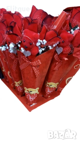 Романтичен букет с мече и червени рози, снимка 4 - Подаръци за жени - 53087058