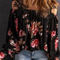 Дамска блуза в черно с ефектни презрамки с бродирани цветя, снимка 4 - Блузи с дълъг ръкав и пуловери - 42156075