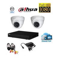 Full HD комплект DAHUA - DVR DAHUA + 2 куполни камери DAHUA 1080р + кабели + захранване, снимка 1 - HD камери - 41210810