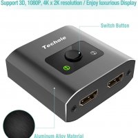Techole 4K HDMI сплитер-алуминиев двупосочен, 2 x 1/1 x 2, 4K 3D 1080P за Xbox PS, РС,​ HDTV, снимка 2 - Части и Платки - 35982916