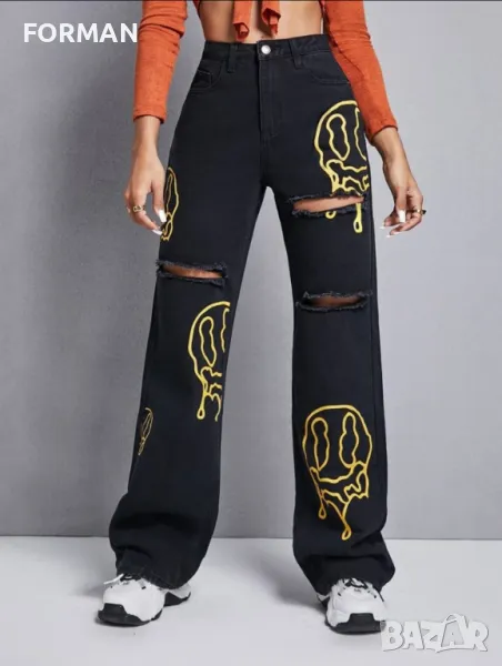 СТРАХОТНИ черни накъсани дънки с висока талия, снимка 1