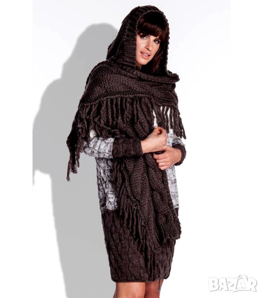 Мек плетен тъмнокафяв шал с качулка и ресни Fobya, снимка 1