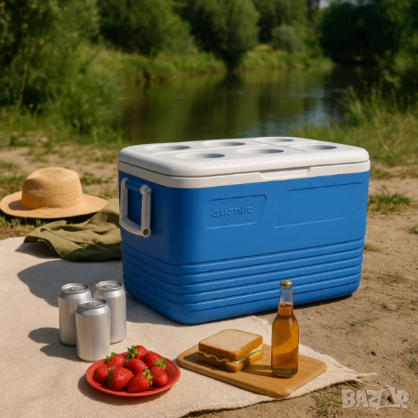 Хладилна кутия Atlantic 60L, пасивна, синя, с поставки за чаши, снимка 1