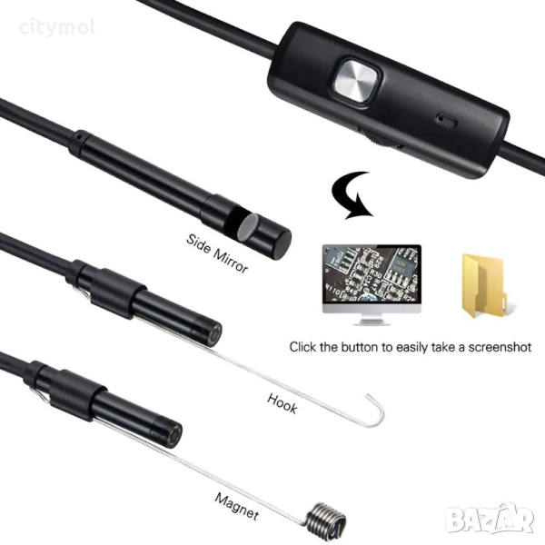 2 в 1 ендоскоп 200 см -  USB и micro USB,  Android, PC, 5,5 мм камера, снимка 1