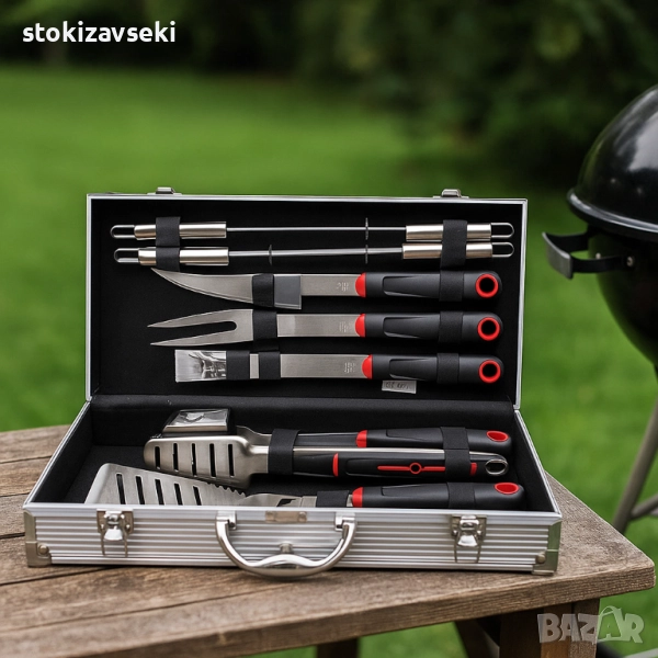Луксозен комплект от 11 инструмента за барбекю в алуминиев куфар, снимка 1