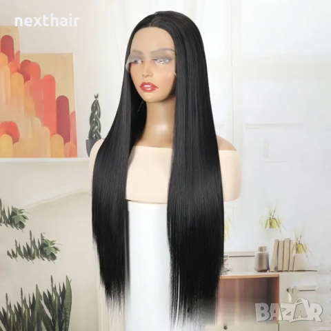 80 см Дантелена черна права перука от висококачествен синтетичен косъм, снимка 3 - Аксесоари за коса - 52231498