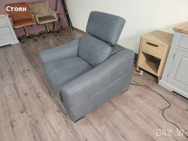 Тъмно сив фотьойл от плат с електрически релаксиращ механизъм, снимка 6 - Дивани и мека мебел - 53700466
