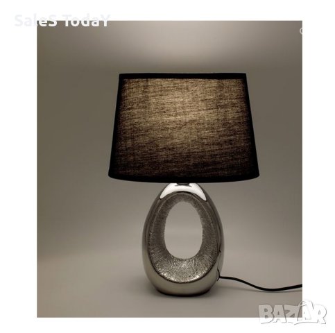 Настолна лампа, Сребърна, Керамична основа, Черна шапка, 33см, E14​, снимка 2 - Настолни лампи - 42508662