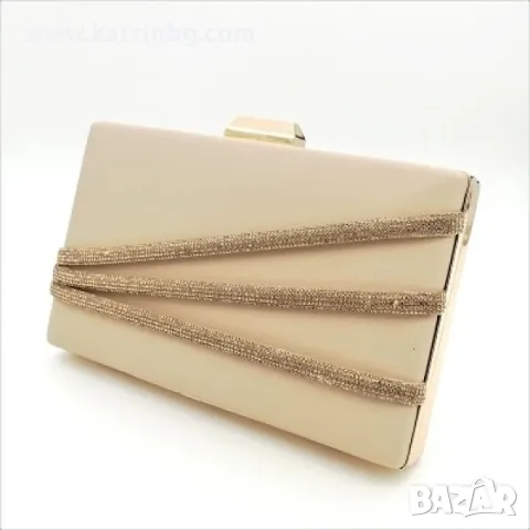 Чанта клъч тип плик в бежово с камъни сатенена, снимка 2 - Чанти - 48906558