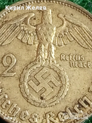 Сребърна монета 2 райхсмарки 1937г. Германия Трети Райх с Свастика за КОЛЕКЦИОНЕРИ 38394, снимка 3 - Нумизматика и бонистика - 53615426