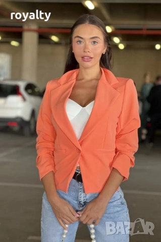 Елегантно дамско оранжево сако с класическа кройка, снимка 5 - Сака - 52212979