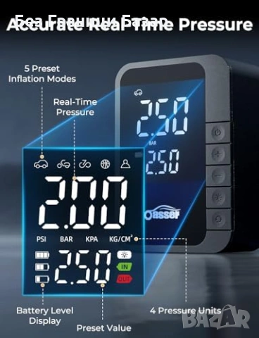 Нова Мини помпа за гуми 150 PSI бързо напомпване 4 режима авто компресор, снимка 3 - Друга електроника - 53666349