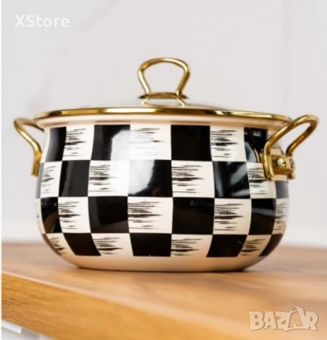 Тенджера Goldmann 24x15см. 6.2л./ 26x16см. 8.5л., 4л., 5л., Емайл. Индукция. Бял/Черен каре, снимка 4 - Съдове за готвене - 52507705