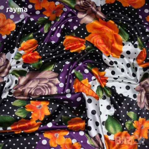Италиански еластичен сатен принт точки и цветя, снимка 8 - Платове и дамаски - 50431475