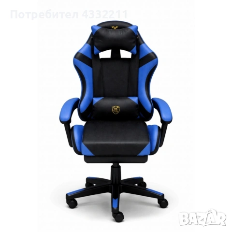 Ергономичен геймърски стол с масажна функция и поставка за крака – черно-син, снимка 4 - Столове - 53455589