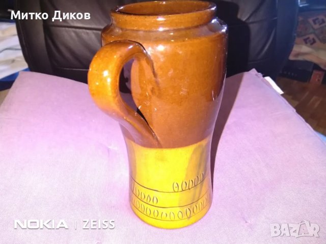Кафява керамич.кана кафяво жълта с чучур от соца на Троян произд.Н-205мм и фи долу 78мм и горе 95мм, снимка 2 - Кани - 47946494