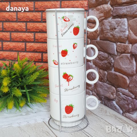 2769 Комплект керамични чаши на метална стойка Sweet Strawberry, снимка 3 - Аксесоари за кухня - 35991366