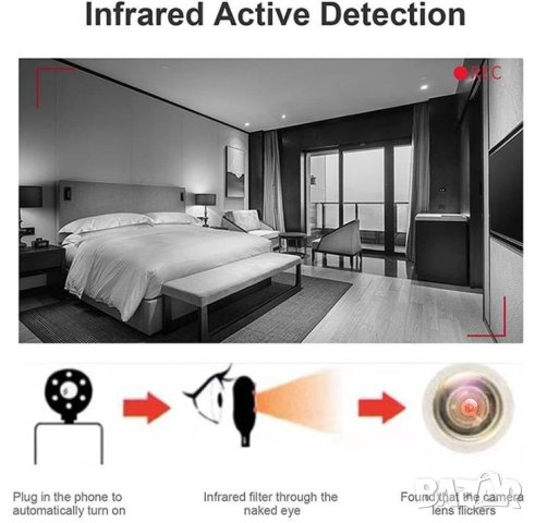 Ултра Лек 8.5гр Мини Джобен Анти Шпионски Детектор на Скрити Камери Лазер Скенер InfraRed Екран 6LED, снимка 7 - Комплекти за видеонаблюдение - 41309067