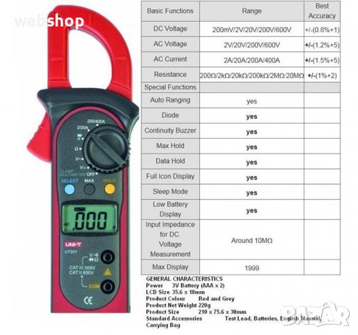 Амперклещи UNIT UT-201, Зумер, VAC, VDC, AAC, OHM, снимка 2 - Клещи - 38946217