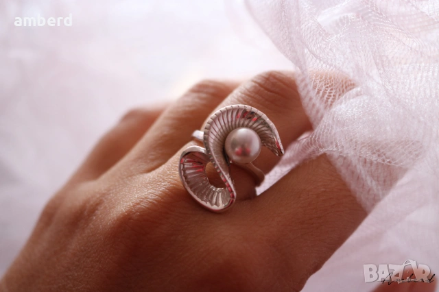 Сребърен пръстен с перла - модел R025А, снимка 7 - Пръстени - 53517826