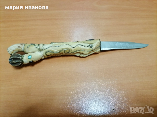 Нож с резбована дръжка чемшир бронз камъни, снимка 5 - Ножове - 52647032