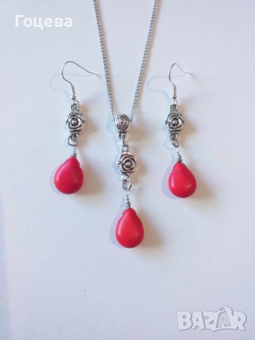 Новият ни красив комплект обици и колие с Червен Тюркоаз капка и нежни орнаменти в цвят сребро , снимка 2 - Бижутерийни комплекти - 41829205