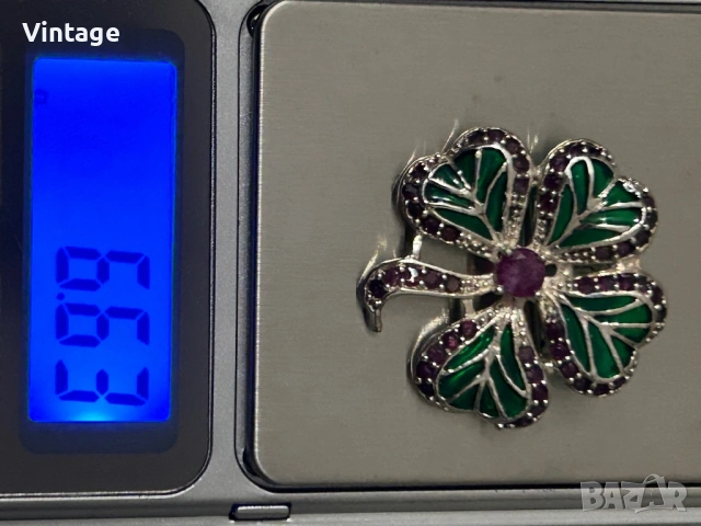 Изискана сребърна брошка/ медальон с рубини и емайл , снимка 6 - Колиета, медальони, синджири - 53668826