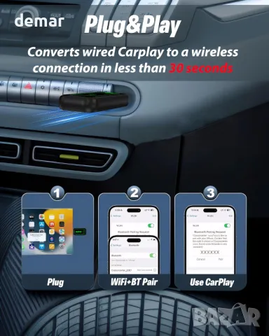 Безжичен Carplay адаптер, Съвместим с 99% от автомобили от 2016 г. и по-нови, снимка 5 - Аксесоари и консумативи - 50266934
