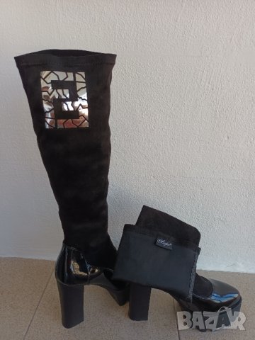 Дамски черни дълги ластични ботуши с висок ток и дебела подметка и лачена основа, снимка 9 - Дамски ботуши - 41845335