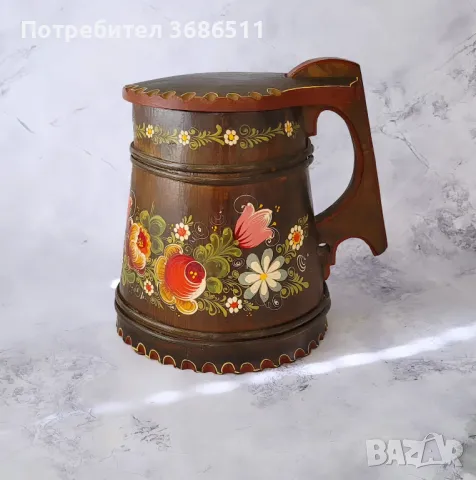 Голяма рисувана дървена халба, снимка 2 - Други - 47440531