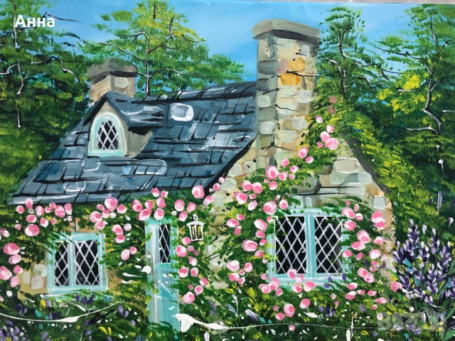 Авторска картина къща с рози, снимка 3 - Картини - 53745747