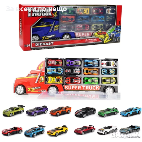 ✨Детски камион с писта и 12 метални коли - 2 цвята, снимка 2 - Коли, камиони, мотори, писти - 52618585