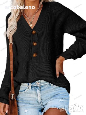 Дамски ежедневен моден плетен пуловер с V-образно деколте, 5цвята - 023, снимка 2 - Блузи с дълъг ръкав и пуловери - 39728515