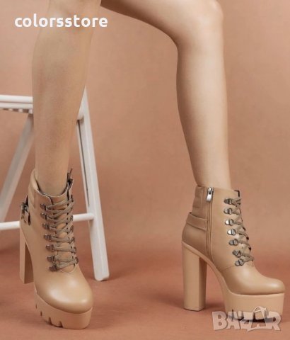 Боти на ток - бежова кожа с бежово ходило - BT14, снимка 2 - Дамски боти - 35697538