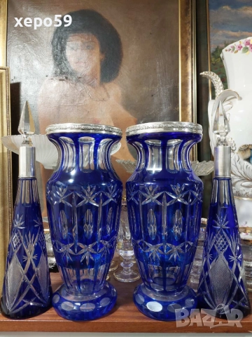  Прекрасни кристални бутилки за ликьор със сребърни гривни''Бохемия кристал-1900 год.сребро 800, снимка 12 - Сервизи - 52815053