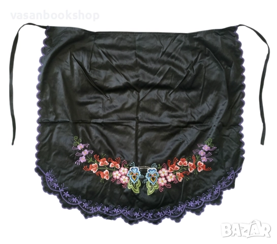 Черна сатенена престилка ✨ Българска народна носия, ръчна бродерия, празничен вариант – 100+ години,