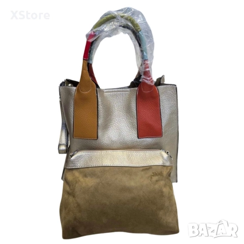 Елегантен комплект от дамска чанта с цветни дръжки и допълнителна малка чанта-несесер, снимка 10 - Чанти - 52584682