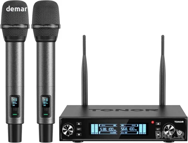 Безжични микрофони TONOR TW550 с приемник, 2 × 100 UHF канала, обхват около 80 м