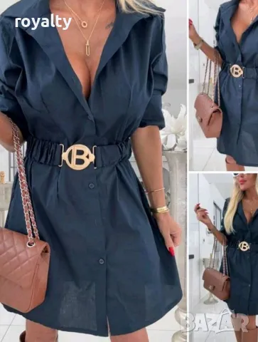 Тъмно синя рокля риза с колан