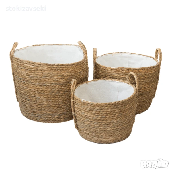 Плетен панер с дръжки в бежово, 3 размера, снимка 1