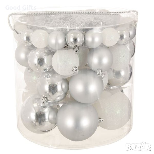 54 броя Комплект коледни топки, Сребристи и Бели в 4 размера, снимка 1