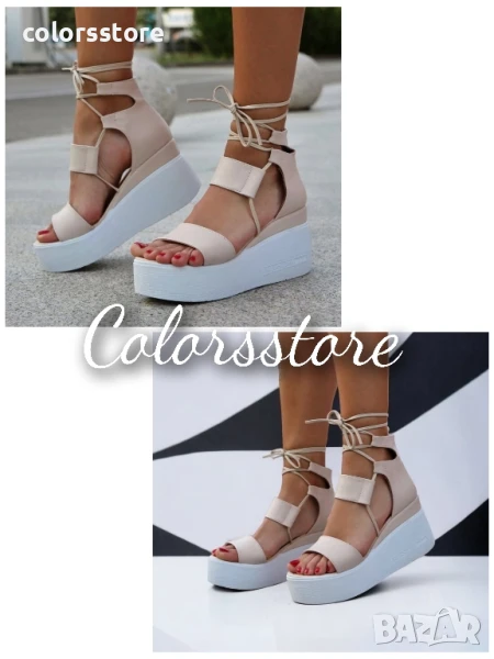 Сандали на платформа - бежова кожа с бяло ходило - 307

, снимка 1