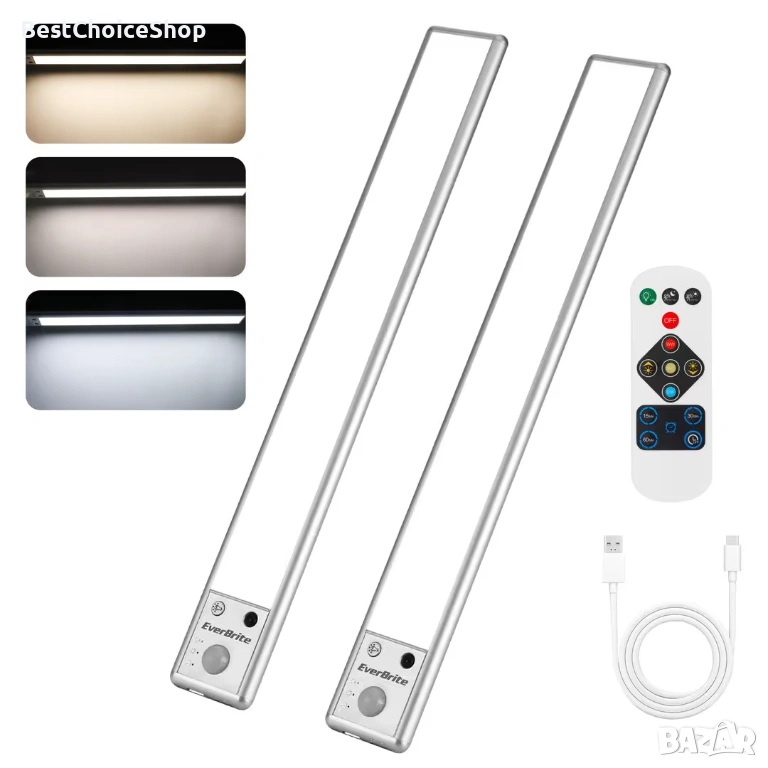 Презареждащо EverBrite Осветление под шкаф 2-брой с Датчик за движение и дистанционно, снимка 1