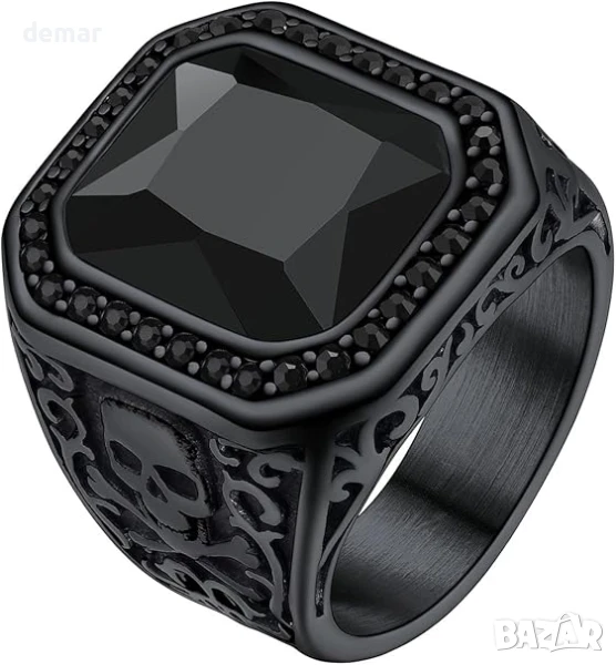 Мъжки пръстени с череп Richsteel, черен голям камък, оникс, размер S, снимка 1
