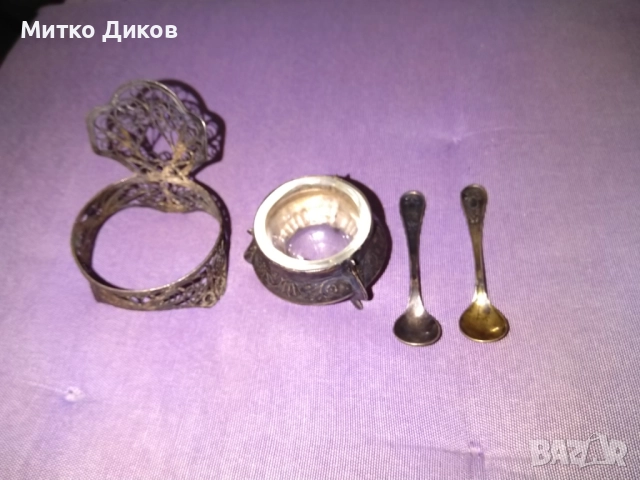 Посребрен съд за хайвер солница горчичник СССР с две лъжички и филигран 21 грама, снимка 8 - Други ценни предмети - 51553346